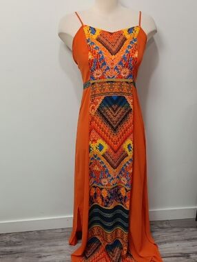 Gianni Bini Orange Printed Maxi Dress with Multicolor Center Panel
